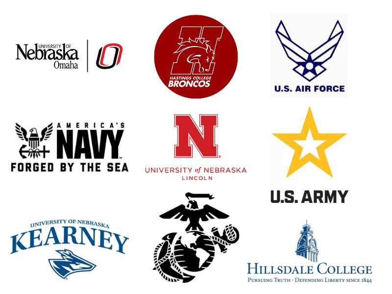 Collection of logos including the branches of the military and Nebraska colleges